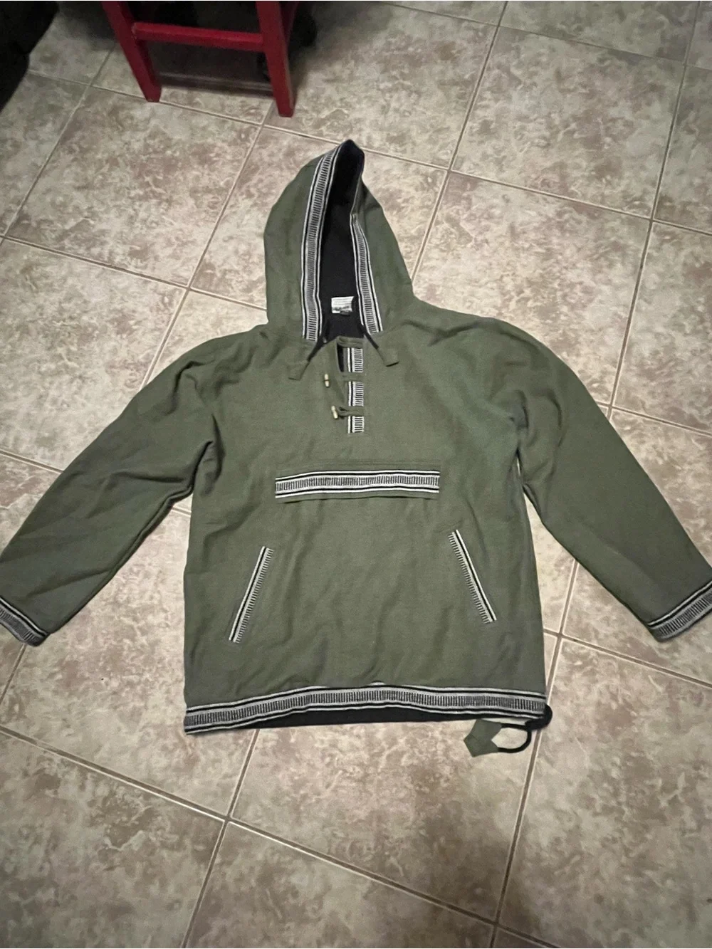 Olive Green Hooded Pullover with Striped Trim